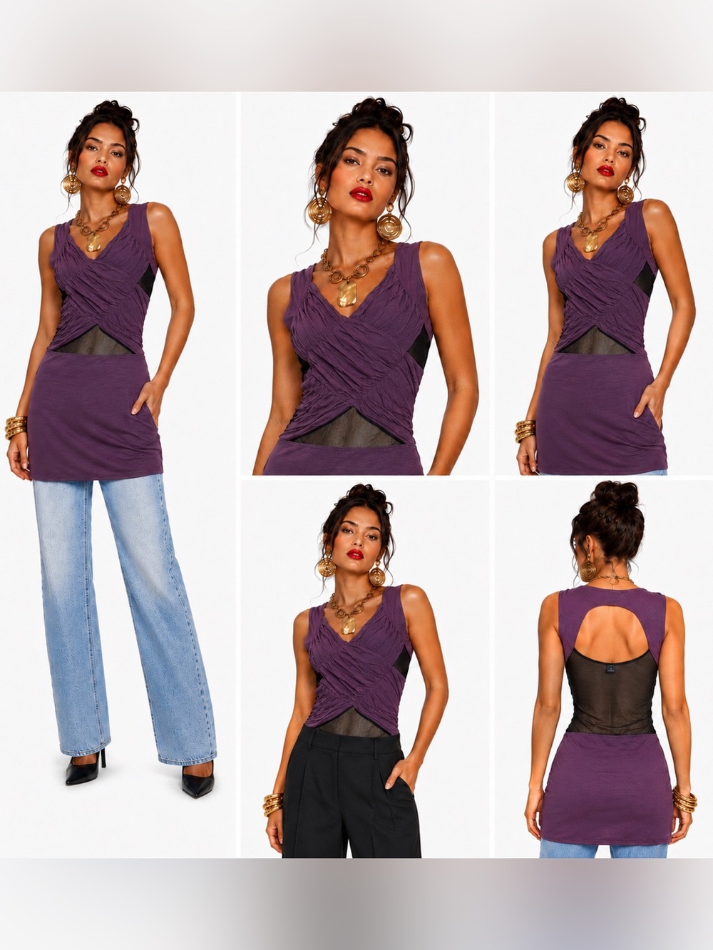 Charlotte Russe Purple Ruched Mesh Tunic Top Women SZ M Bodycon Sleek Urban Chic